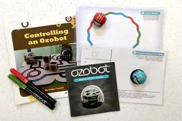 Ozobots Kit with Bit Bots, Charging cable, book, and activity sheets