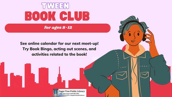 Tween Book Club Promo Cartoon Person with skyline